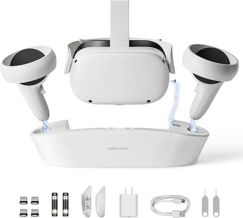 GEEKERA Charging Dock for Oculus Quest 2, Magnetic Charging Station for Meta Quest 2 VR Headset & Controllers, VR Accessories with 2 Rechargeable Batteries, USB C Charger, Fast Charging in Kuwait