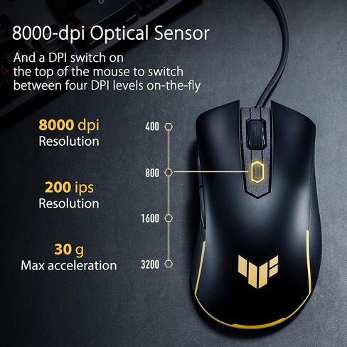 ASUS TUF Gaming M3 Gen II Gaming Mouse, Wired, 59g Lightweight, IP56 dust & Water Resistance, Antibacterial Guard, 8K DPI Optical Sensor, 6 Programmable Buttons, Teflon Mouse feet, Black in Kuwait