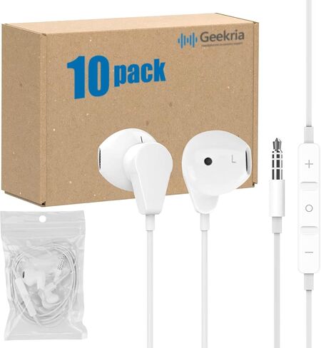 GEEKRIA 3.5mm Plug Earphones with Microphone, Quality Wired Headphones Bulk Pack, Stereo Semi in-Ear Headphones with Mic and Volume Control, Affordable Wholesale Earbuds (10 Pack, White) in Saudi Arabia