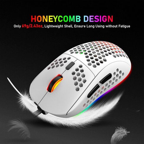 Felicon 69G Ultralight Gaming Mouse with Ergonomic Honeycomb Shell, 6 RGB Backlight, 6 Programmable Buttons, 6400 DPI Optical Sensor, Wired USB Connection, White in Saudi Arabia