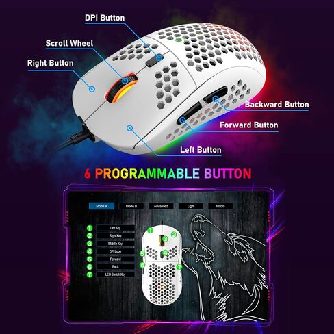 Felicon 69G Ultralight Gaming Mouse with Ergonomic Honeycomb Shell, 6 RGB Backlight, 6 Programmable Buttons, 6400 DPI Optical Sensor, Wired USB Connection, White in Saudi Arabia