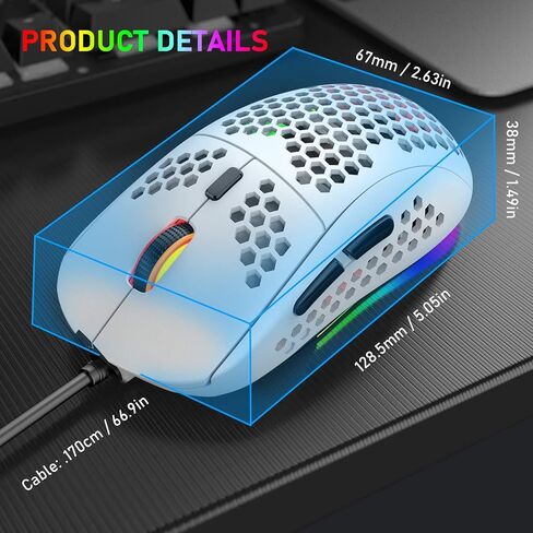 Felicon 69G Ultralight Gaming Mouse with Ergonomic Honeycomb Shell, 6 RGB Backlight, 6 Programmable Buttons, 6400 DPI Optical Sensor, Wired USB Connection, White in Saudi Arabia