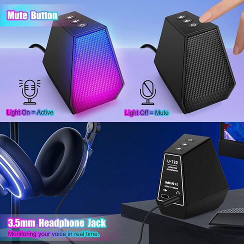 TRELC Gaming PC USB Microphone, Computer Condenser Mic for Recording Streaming Meeting Studio Podcasting Gamer Youtuber, Mini RGB Microphone with Mute Button, Headphones Jack, Plug and Play - Black in Kuwait