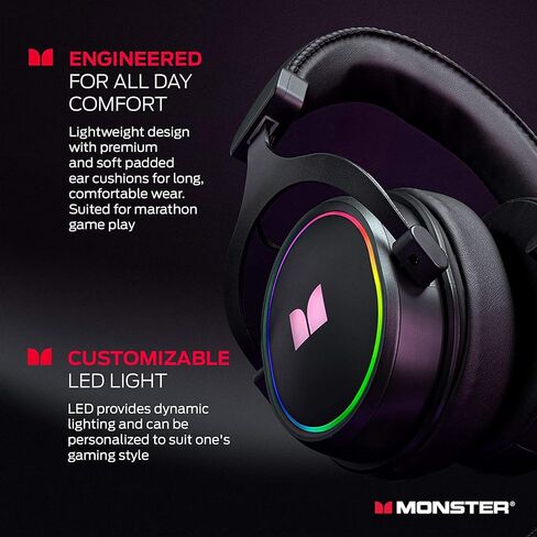 Monster Alpha 7.1 RGB Illuminated Gaming Headset with 7.1 Surround Sound, Noise-Cancelling Detachable Mic, Cushioned Earcups – for PC Gaming, Black in Saudi Arabia