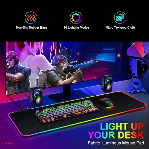 لوحة ماوس ألعاب TALK WORKS كبيرة جدًا RGB - قاعدة مطاطية غير قابلة للانزلاق، قماش متين بنسيج دقيق، 7 ألوان، 14 أوضاع إضاءة، مفتاح إضاءة متعدد الألوان تشغيل/إيقاف، واجهة جهاز USB - 12 × 31.5 بوصة in Kuwait