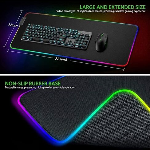 لوحة ماوس ألعاب TALK WORKS كبيرة جدًا RGB - قاعدة مطاطية غير قابلة للانزلاق، قماش متين بنسيج دقيق، 7 ألوان، 14 أوضاع إضاءة، مفتاح إضاءة متعدد الألوان تشغيل/إيقاف، واجهة جهاز USB - 12 × 31.5 بوصة in Kuwait