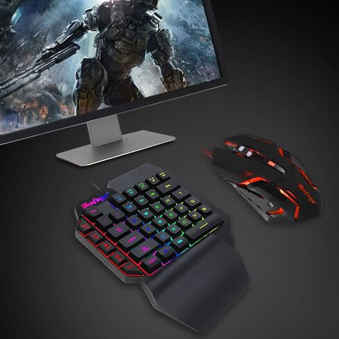 لوحة مفاتيح ألعاب RGB بيد واحدة ومجموعة ماوس بإضاءة خلفية، حروف قوس قزح سلكية USB تتوهج لوحة مفاتيح ميكانيكية بيد واحدة مع دعم مسند المعصم، مجموعة لوحة مفاتيح للألعاب للعبة in Kuwait