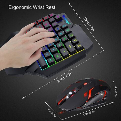 لوحة مفاتيح ألعاب RGB بيد واحدة ومجموعة ماوس بإضاءة خلفية، حروف قوس قزح سلكية USB تتوهج لوحة مفاتيح ميكانيكية بيد واحدة مع دعم مسند المعصم، مجموعة لوحة مفاتيح للألعاب للعبة in Kuwait
