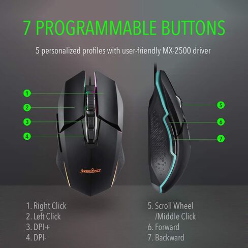 Perixx MX-2500B Wired Gaming Mouse, 5 Adjustable DPI Presets 500-10,800, RGB Lighting, 7 Programmable Buttons, Omron Switches, Ergonomic Design for PC Computer Gaming, Black (11724) in Saudi Arabia