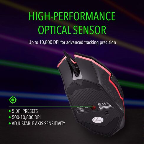Perixx MX-2500B Wired Gaming Mouse, 5 Adjustable DPI Presets 500-10,800, RGB Lighting, 7 Programmable Buttons, Omron Switches, Ergonomic Design for PC Computer Gaming, Black (11724) in Saudi Arabia