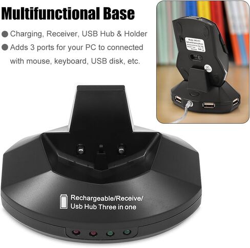 Zerone 2.4GHz Rechargeable Wireless Optical Mouse, Gaming Mouse Portable Mobile Mouse with Charging Dock Stand, 3-Port USB Hub for Data Exchange(Black) in Saudi Arabia