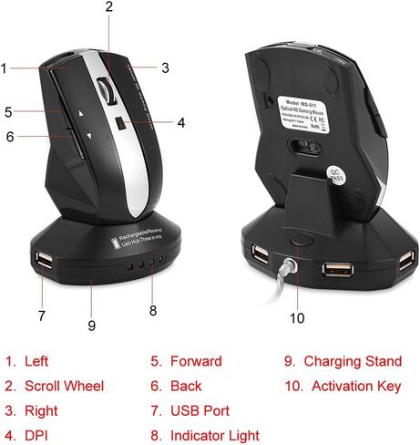 Zerone 2.4GHz Rechargeable Wireless Optical Mouse, Gaming Mouse Portable Mobile Mouse with Charging Dock Stand, 3-Port USB Hub for Data Exchange(Black) in Saudi Arabia
