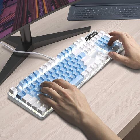 MageGee Mechanical Gaming Keyboard, New Upgraded Blue Switch 104 Keys White Backlit Keyboards, USB Wired Mechanical Computer Keyboard for Laptop, Desktop, PC Gamers(White & Pink) in Kuwait