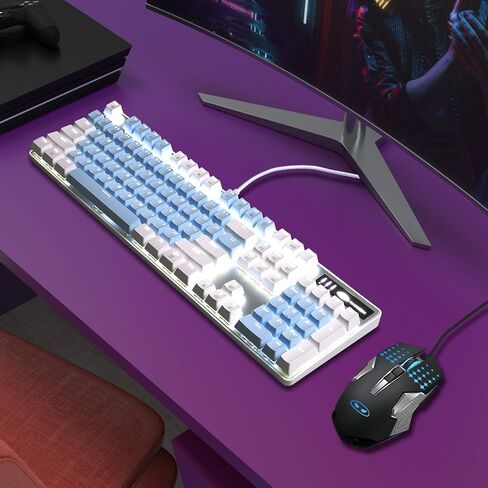 MageGee Mechanical Gaming Keyboard, New Upgraded Blue Switch 104 Keys White Backlit Keyboards, USB Wired Mechanical Computer Keyboard for Laptop, Desktop, PC Gamers(White & Pink) in Kuwait
