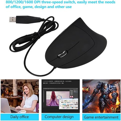 ماوس سلكي USB عمودي مريح، ماوس بصري باليد اليسرى، 3 نقاط لكل انش قابلة للتعديل 800/1200/1600، 6 ازرار قابلة للبرمجة، ماوس العاب عالمي للابتوب والكمبيوتر المكتبي والنوت بوك والكمبيوتر (اسود) in Kuwait