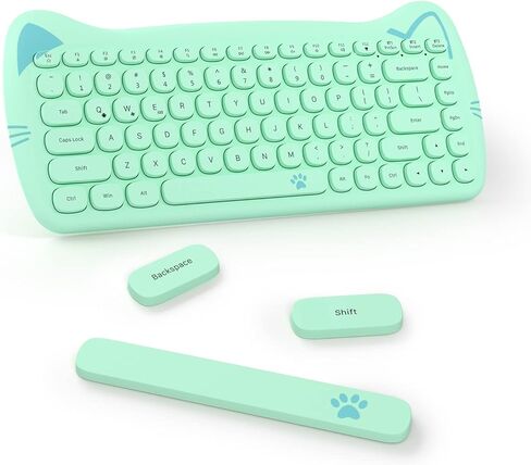 SELORSS Kawaii Wireless Bluetooth Cute Cat Keyboard، أغطية مفاتيح دائرية صغيرة محمولة بـ 84 مفتاحًا، نقرة هادئة للآلة الكاتبة، المنزل والمكتب، متوافقة مع الكمبيوتر الشخصي/Mac/الكمبيوتر المحمول/الكمبيوتر المحمول/Ipad Air (أخضر ملون) in Kuwait