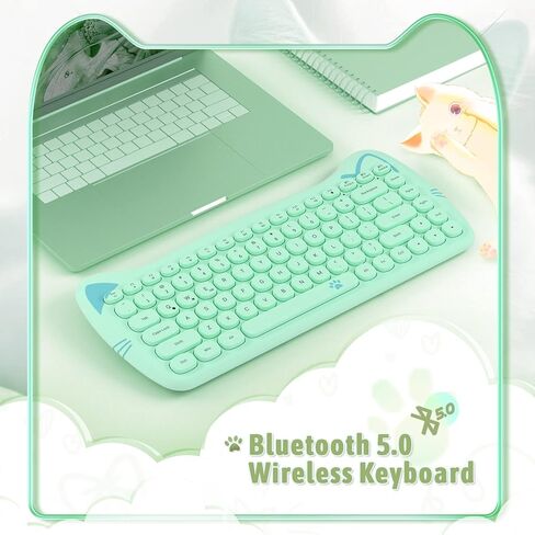 SELORSS Kawaii Wireless Bluetooth Cute Cat Keyboard، أغطية مفاتيح دائرية صغيرة محمولة بـ 84 مفتاحًا، نقرة هادئة للآلة الكاتبة، المنزل والمكتب، متوافقة مع الكمبيوتر الشخصي/Mac/الكمبيوتر المحمول/الكمبيوتر المحمول/Ipad Air (أخضر ملون) in Kuwait