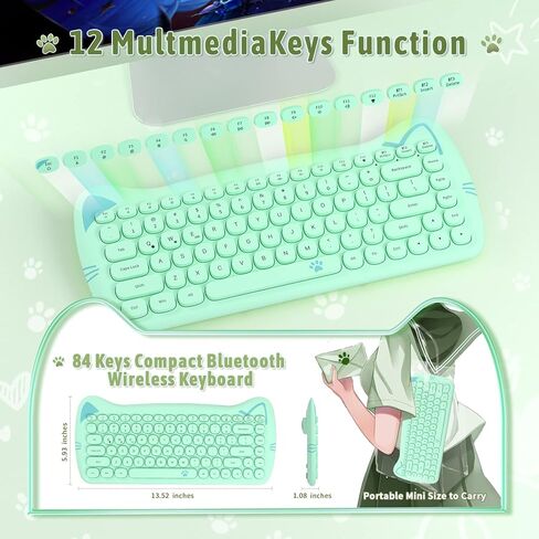 SELORSS Kawaii Wireless Bluetooth Cute Cat Keyboard، أغطية مفاتيح دائرية صغيرة محمولة بـ 84 مفتاحًا، نقرة هادئة للآلة الكاتبة، المنزل والمكتب، متوافقة مع الكمبيوتر الشخصي/Mac/الكمبيوتر المحمول/الكمبيوتر المحمول/Ipad Air (أخضر ملون) in Kuwait