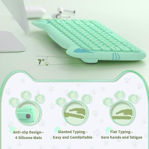 SELORSS Kawaii Wireless Bluetooth Cute Cat Keyboard، أغطية مفاتيح دائرية صغيرة محمولة بـ 84 مفتاحًا، نقرة هادئة للآلة الكاتبة، المنزل والمكتب، متوافقة مع الكمبيوتر الشخصي/Mac/الكمبيوتر المحمول/الكمبيوتر المحمول/Ipad Air (أخضر ملون) in Kuwait