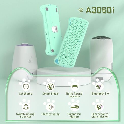 SELORSS Kawaii Wireless Bluetooth Cute Cat Keyboard، أغطية مفاتيح دائرية صغيرة محمولة بـ 84 مفتاحًا، نقرة هادئة للآلة الكاتبة، المنزل والمكتب، متوافقة مع الكمبيوتر الشخصي/Mac/الكمبيوتر المحمول/الكمبيوتر المحمول/Ipad Air (أخضر ملون) in Kuwait