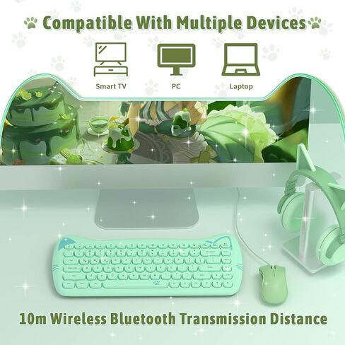 SELORSS Kawaii Wireless Bluetooth Cute Cat Keyboard، أغطية مفاتيح دائرية صغيرة محمولة بـ 84 مفتاحًا، نقرة هادئة للآلة الكاتبة، المنزل والمكتب، متوافقة مع الكمبيوتر الشخصي/Mac/الكمبيوتر المحمول/الكمبيوتر المحمول/Ipad Air (أخضر ملون) in Kuwait