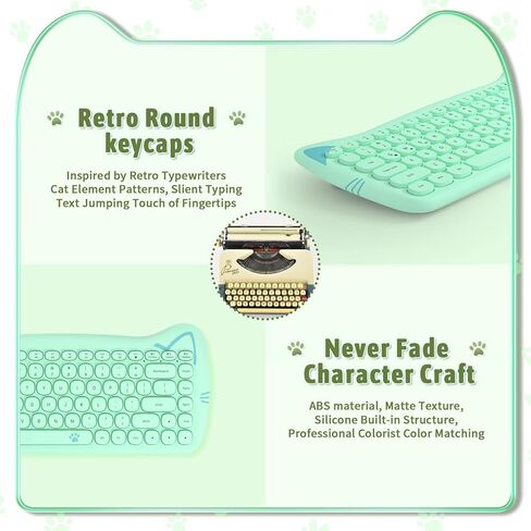 SELORSS Kawaii Wireless Bluetooth Cute Cat Keyboard، أغطية مفاتيح دائرية صغيرة محمولة بـ 84 مفتاحًا، نقرة هادئة للآلة الكاتبة، المنزل والمكتب، متوافقة مع الكمبيوتر الشخصي/Mac/الكمبيوتر المحمول/الكمبيوتر المحمول/Ipad Air (أخضر ملون) in Kuwait