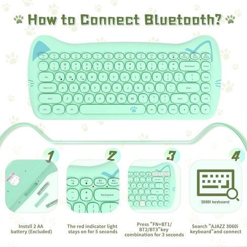 SELORSS Kawaii Wireless Bluetooth Cute Cat Keyboard، أغطية مفاتيح دائرية صغيرة محمولة بـ 84 مفتاحًا، نقرة هادئة للآلة الكاتبة، المنزل والمكتب، متوافقة مع الكمبيوتر الشخصي/Mac/الكمبيوتر المحمول/الكمبيوتر المحمول/Ipad Air (أخضر ملون) in Kuwait