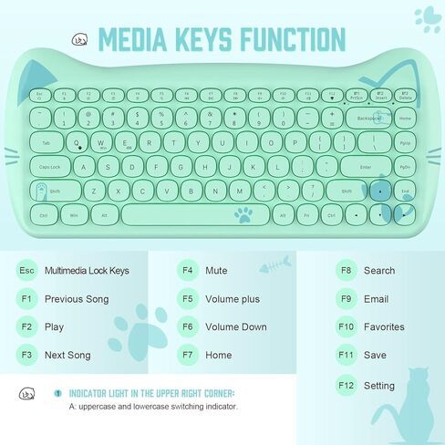 SELORSS Kawaii Wireless Bluetooth Cute Cat Keyboard، أغطية مفاتيح دائرية صغيرة محمولة بـ 84 مفتاحًا، نقرة هادئة للآلة الكاتبة، المنزل والمكتب، متوافقة مع الكمبيوتر الشخصي/Mac/الكمبيوتر المحمول/الكمبيوتر المحمول/Ipad Air (أخضر ملون) in Kuwait