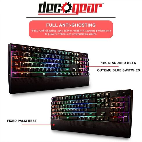 Deco Gear Mechanical Gaming Keyboard, Anti-Ghosting, Ergonomic Fixed Palm Rest, Full Customizable RGB Backlit, Carbon Fiber Design, Outemu Blue Switch, Wired, Black in Kuwait