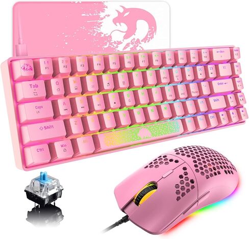 مجموعة لوحة مفاتيح وماوس ميكانيكية للألعاب بنسبة 60%، إضاءة خلفية RGB مريحة ومضادة للظلال، 68 مفتاحًا، 6400 ديسيبل متوحد الخواص، الفئران الصامتة على شكل قرص العسل من النوع C سلكية لأجهزة الكمبيوتر Mac Gamer in Kuwait