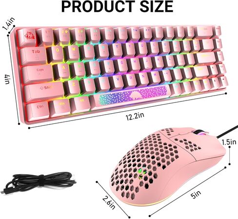 مجموعة لوحة مفاتيح وماوس ميكانيكية للألعاب بنسبة 60%، إضاءة خلفية RGB مريحة ومضادة للظلال، 68 مفتاحًا، 6400 ديسيبل متوحد الخواص، الفئران الصامتة على شكل قرص العسل من النوع C سلكية لأجهزة الكمبيوتر Mac Gamer in Kuwait