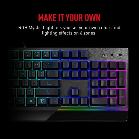 MSI كيبورد العاب GK30 RGB من فيجور باضاءة RGB بـ 6 مناطق، طاردة للماء ومقاومة للرذاذ، مفاتيح مكبس تشبه الميكانيكية، اسود in Saudi Arabia