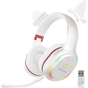 Wireless Gaming Headset for PS5 PS4 PC W3 USB Dongle Low Latency Bluetooth, Headphones with Detachable Mic, Mute Function, RGB, Immersive 4D, Cute White Cat Ear Headset for Girls in Saudi Arabia