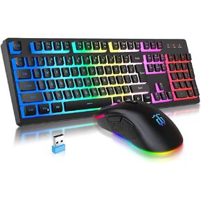 DGG Wireless Gaming Keyboard and Mouse Combo, RGB Rechargeable 3000mAh Battery, Pudding Keycaps Anti-ghosting Keyboard + 7D 4800DPI Vertical Feel Wireless Mouse for PC Gamer (Black) in Kuwait