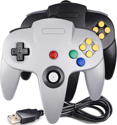 2 Pack USB N64 Controller, Wired PC Gamepad [3D Analog Stick] Compatible for Windows PC MAC Linux Raspberry Pi Genesis Higan Project 64 Retropie OpenEmu Emulator (Plug & Play) (Black/Grey) in Saudi Arabia