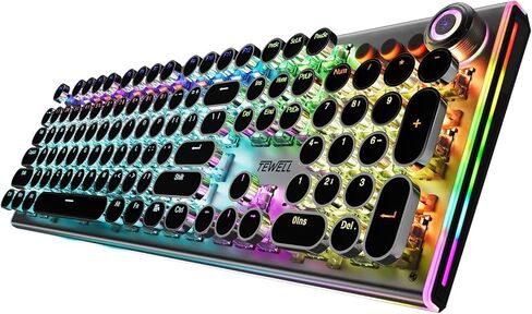 تيويل كيبورد العاب ميكانيكي بتصميم الة كاتبة رترو مع مفاتيح زرقاء تعمل باللمس والنقر واغطية مفاتيح مستديرة، اضاءة خلفية بالوان قوس قزح ومصابيح جانبية RGB، أداء فائق للالعاب in Kuwait