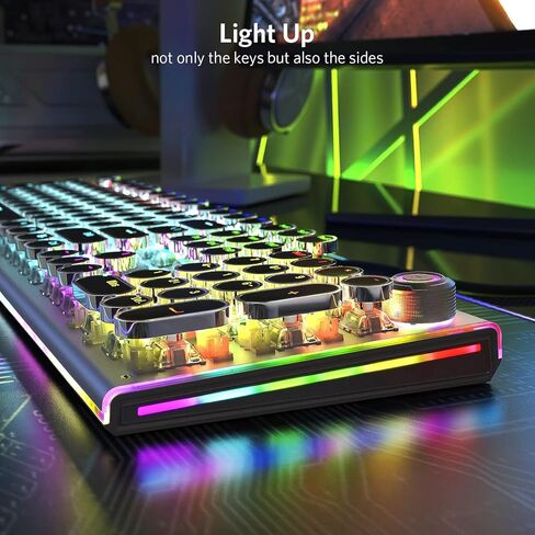 تيويل كيبورد العاب ميكانيكي بتصميم الة كاتبة رترو مع مفاتيح زرقاء تعمل باللمس والنقر واغطية مفاتيح مستديرة، اضاءة خلفية بالوان قوس قزح ومصابيح جانبية RGB، أداء فائق للالعاب in Kuwait
