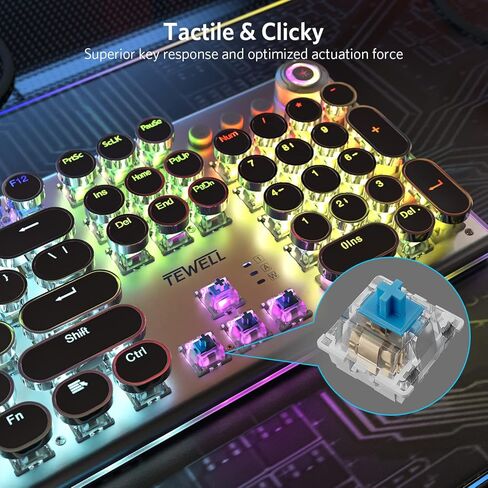 تيويل كيبورد العاب ميكانيكي بتصميم الة كاتبة رترو مع مفاتيح زرقاء تعمل باللمس والنقر واغطية مفاتيح مستديرة، اضاءة خلفية بالوان قوس قزح ومصابيح جانبية RGB، أداء فائق للالعاب in Kuwait