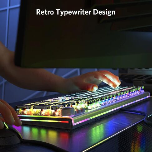 تيويل كيبورد العاب ميكانيكي بتصميم الة كاتبة رترو مع مفاتيح زرقاء تعمل باللمس والنقر واغطية مفاتيح مستديرة، اضاءة خلفية بالوان قوس قزح ومصابيح جانبية RGB، أداء فائق للالعاب in Kuwait