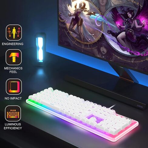 لوحة مفاتيح ألعاب K10 RGB، حافظة شفافة RGB بإضاءة خلفية مع غطاء مفاتيح PBT، لوحة مفاتيح سلكية بيضاء مريحة مع ملمس ميكانيكي 104 لوحة مفاتيح مع عجلة تمرير للكمبيوتر الشخصي PS4 Xbox Mac Gaming Office in Saudi Arabia