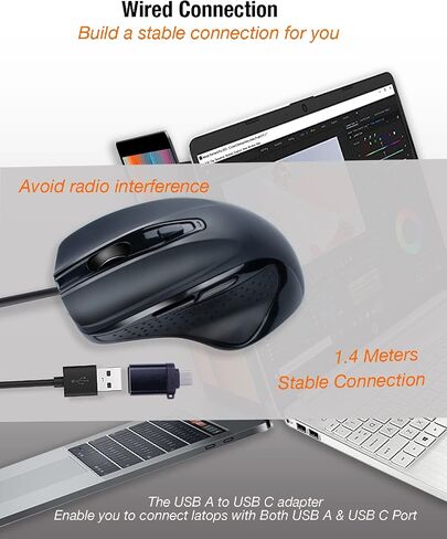 ماوس سلكي USB C، INNOMAX USB-C مريح/ماوس كبير الحجم/6 أزرار مع 3 مستويات DPI قابلة للتعديل، زر الصفحة لأسفل ولأعلى لجهاز MacBook Pro وiPad Pro والكمبيوتر المحمول مع منفذ USB-C (أسود) in Kuwait