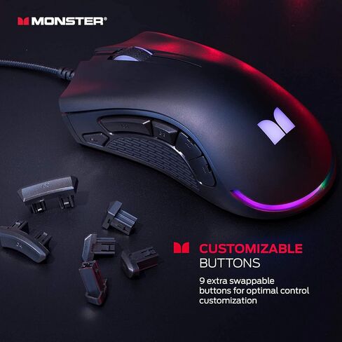 ماوس ألعاب سلكي Monster Alpha 9.0 RGB، أزرار قابلة للتخصيص، إضاءة LED قابلة للبرمجة، 16000 نقطة في البوصة قابلة للتعديل، ماوس ألعاب كمبيوتر بصري مريح مع برنامج قابل للتخصيص - لألعاب الكمبيوتر in Saudi Arabia