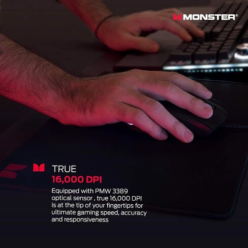 ماوس ألعاب سلكي Monster Alpha 9.0 RGB، أزرار قابلة للتخصيص، إضاءة LED قابلة للبرمجة، 16000 نقطة في البوصة قابلة للتعديل، ماوس ألعاب كمبيوتر بصري مريح مع برنامج قابل للتخصيص - لألعاب الكمبيوتر in Saudi Arabia