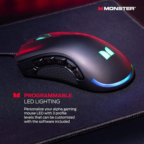 ماوس ألعاب سلكي Monster Alpha 9.0 RGB، أزرار قابلة للتخصيص، إضاءة LED قابلة للبرمجة، 16000 نقطة في البوصة قابلة للتعديل، ماوس ألعاب كمبيوتر بصري مريح مع برنامج قابل للتخصيص - لألعاب الكمبيوتر in Saudi Arabia