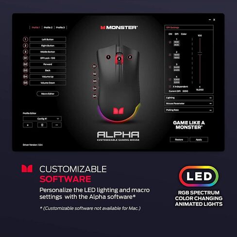 ماوس ألعاب سلكي Monster Alpha 9.0 RGB، أزرار قابلة للتخصيص، إضاءة LED قابلة للبرمجة، 16000 نقطة في البوصة قابلة للتعديل، ماوس ألعاب كمبيوتر بصري مريح مع برنامج قابل للتخصيص - لألعاب الكمبيوتر in Saudi Arabia