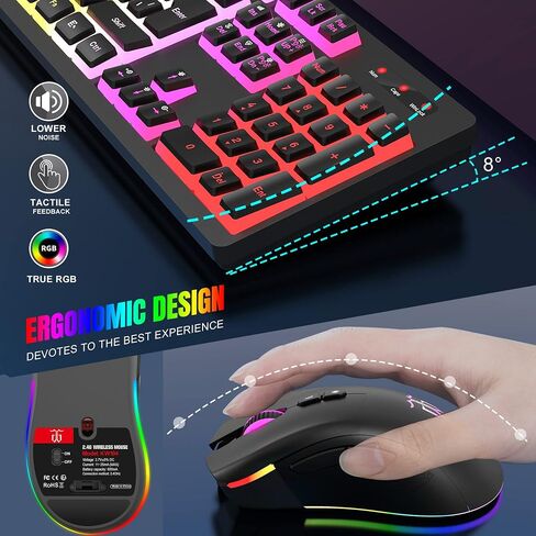 مجموعة لوحة مفاتيح وماوس لاسلكية للألعاب من DGG، بطارية RGB قابلة لإعادة الشحن بقدرة 3000 مللي أمبير في الساعة، لوحة مفاتيح Pudding مضادة للظلال + ماوس لاسلكي بملمس عمودي 7D 4800DPI لألعاب الكمبيوتر (أسود) in Kuwait