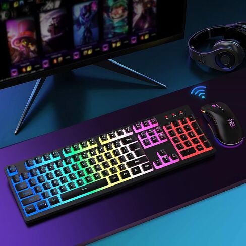 مجموعة لوحة مفاتيح وماوس لاسلكية للألعاب من DGG، بطارية RGB قابلة لإعادة الشحن بقدرة 3000 مللي أمبير في الساعة، لوحة مفاتيح Pudding مضادة للظلال + ماوس لاسلكي بملمس عمودي 7D 4800DPI لألعاب الكمبيوتر (أسود) in Kuwait