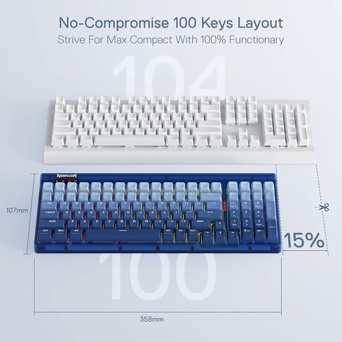 لوحة مفاتيح Redragon K656 PRO للألعاب اللاسلكية RGB بثلاثة أوضاع، لوحة مفاتيح ميكانيكية 100 مفتاح مع لوحة شفافة، مقبس قابل للتبديل السريع، رغوة ممتصة للصوت ومفتاح لمس مخصص، صناعة زرقاء متدرجة in Kuwait