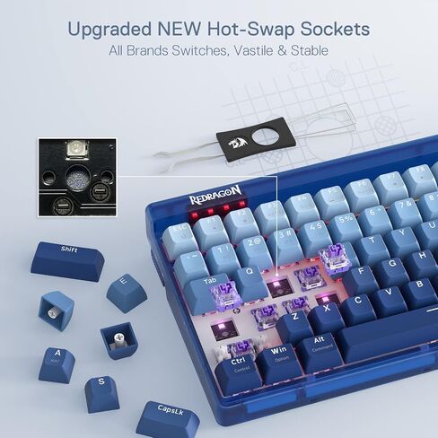 لوحة مفاتيح Redragon K656 PRO للألعاب اللاسلكية RGB بثلاثة أوضاع، لوحة مفاتيح ميكانيكية 100 مفتاح مع لوحة شفافة، مقبس قابل للتبديل السريع، رغوة ممتصة للصوت ومفتاح لمس مخصص، صناعة زرقاء متدرجة in Kuwait