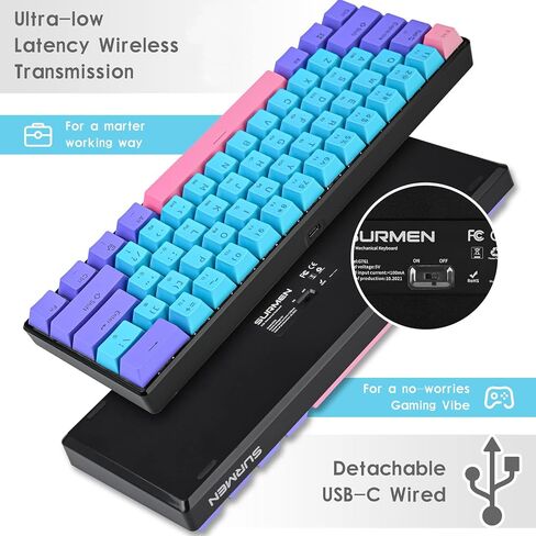 surmen GT61 Wireless 60% Keyboard, Mini RGB Mechanical Gaming Keyboard 60 Percent Hot-Swappable with Linear Gateron Switch Type-C/Bluetooth 5.0 Programmable (Gateron Yellow, Sound Wave 61) in Saudi Arabia
